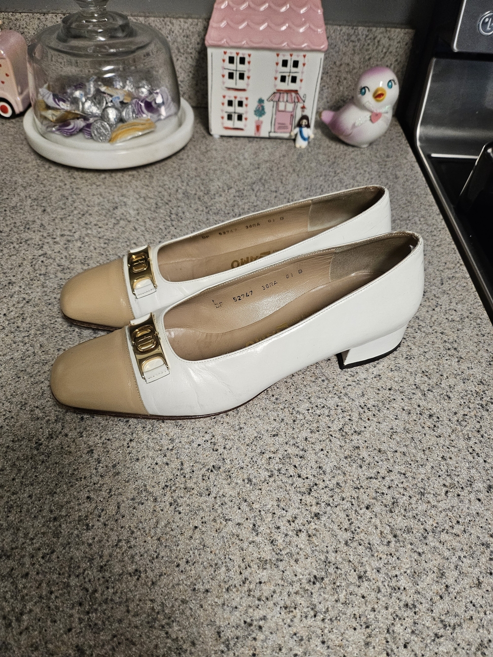 Salvatore Ferragamo White and Beige Leather Low Block Heel Loafers